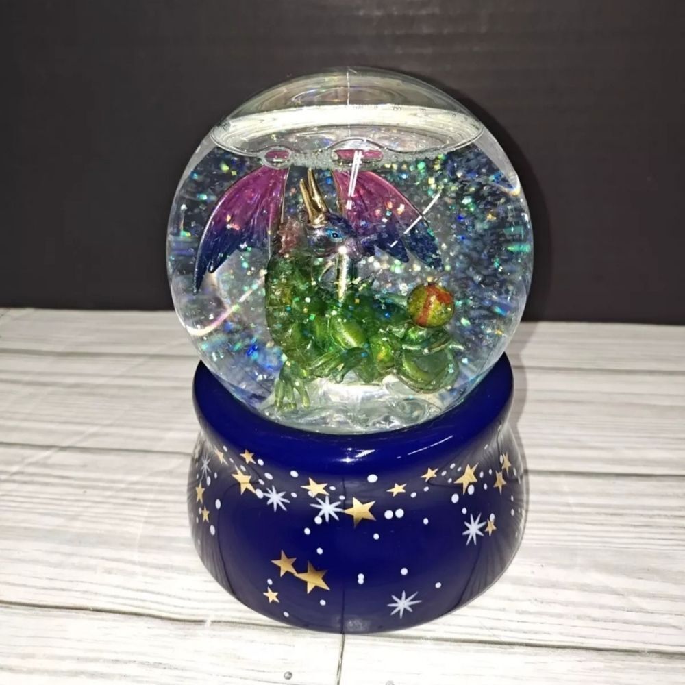 San Francisco Music Box Company Mythical Fantasy Green Purple Dragon Snow Globe